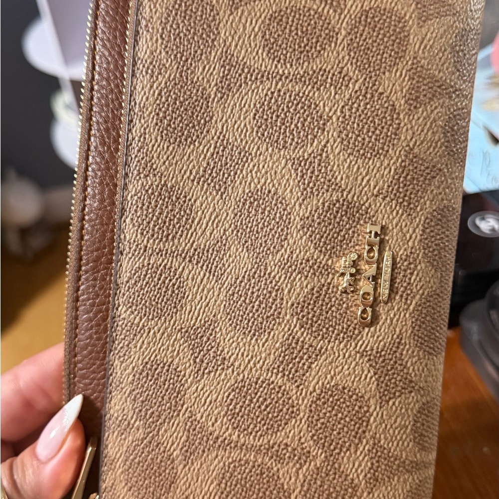 Coach Brown Signature Zip Wallet with Gold Logo